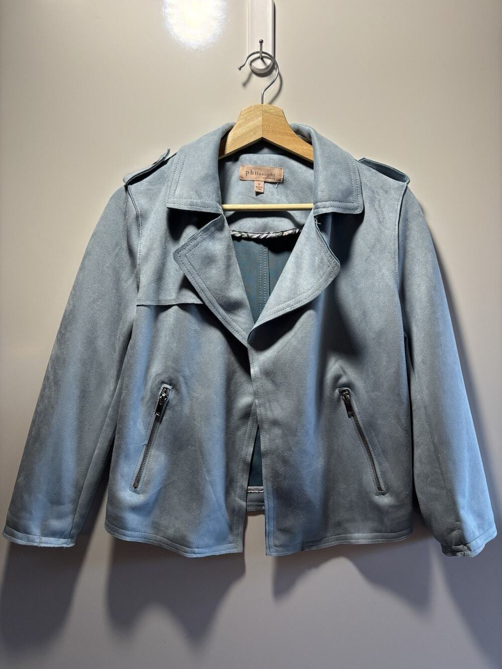Philosophy Republic Ice Blue Faux Suede Moto Western Open Front Jacket Sz Small